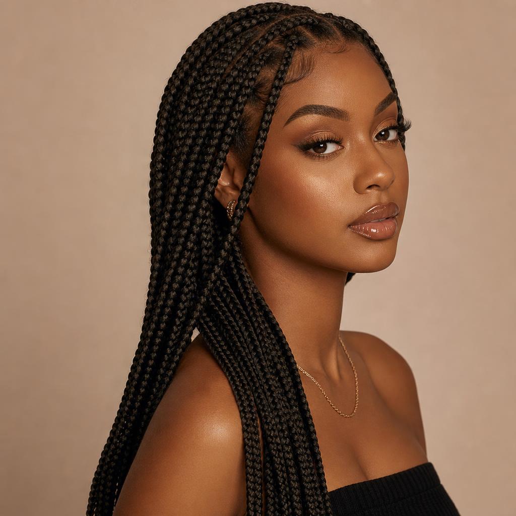 Long knotless braids on an African American woman