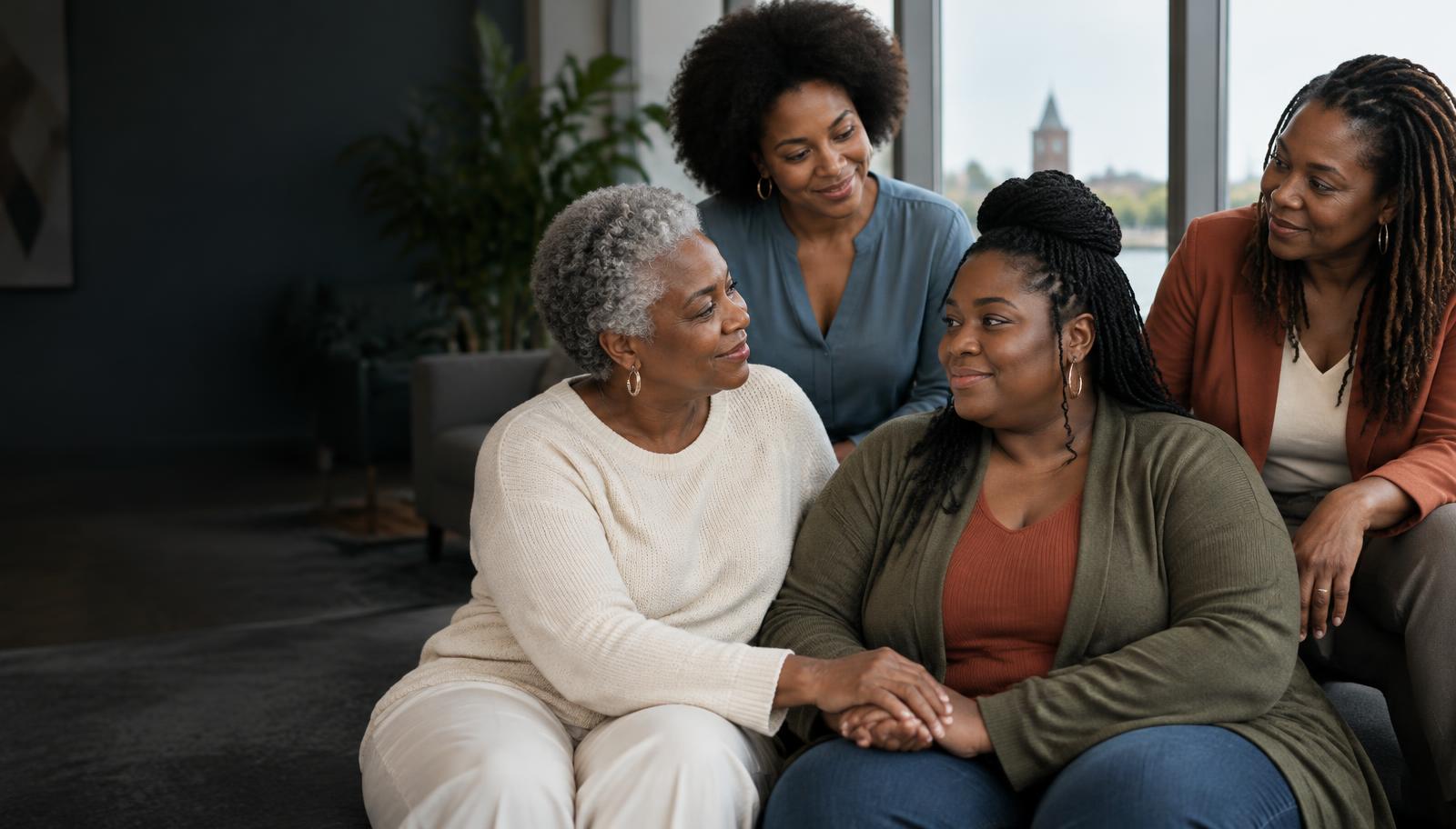 Four Black women sharing a supportive moment together