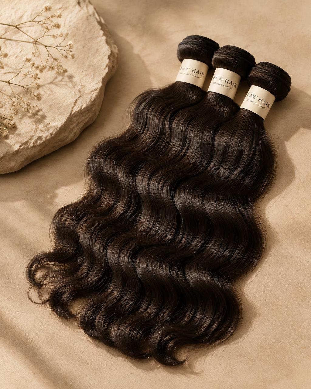Bundles of raw natural wave human hair extensions