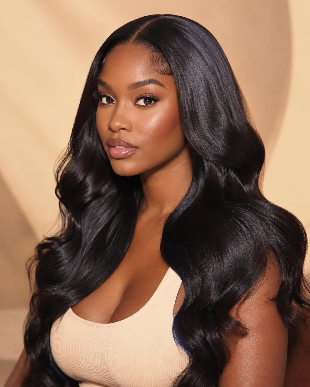 Woman wearing a long HD lace front wig with body wave hair